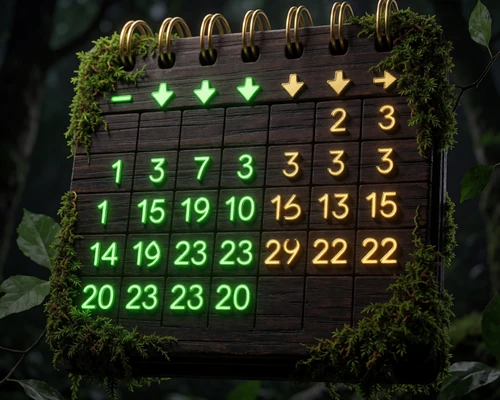 Holzkalender mit neon-gr&uuml;nen und goldenen Pfeilen f&uuml;r Wochenend-Reload-Bonus bei WildRobin Casino