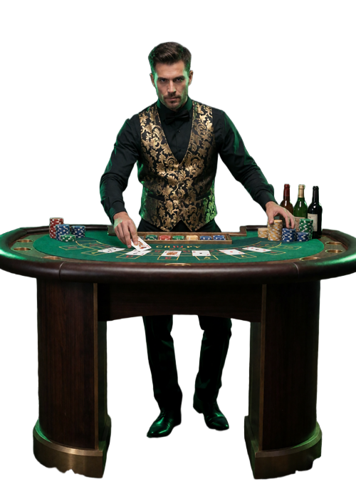 R&auml;uber als Croupier mit Karten im dunklen Wald des WildRobin Live Casinos