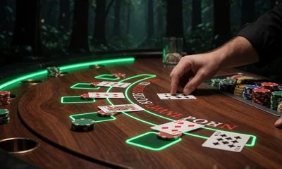 Live Blackjack Tisch mit h&ouml;lzernen Chips im WildRobin Live Casino