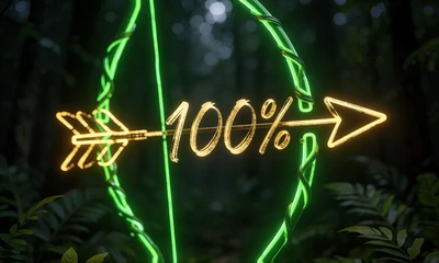 Gl&uuml;hender neon-gr&uuml;ner Bogen mit goldener Pfeil und 100 Prozent Text f&uuml;r WildRobin Willkommensbonus