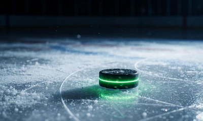 Eishockey-Arena mit leuchtendem Puck f&uuml;r Eishockey Sportwetten
