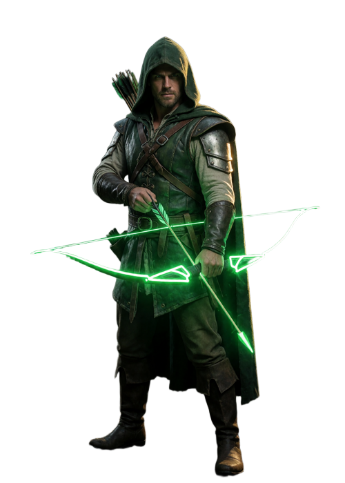Robin Hood R&auml;uber mit Bogen und Pfeil im dunklen Wald von WildRobin Casino
