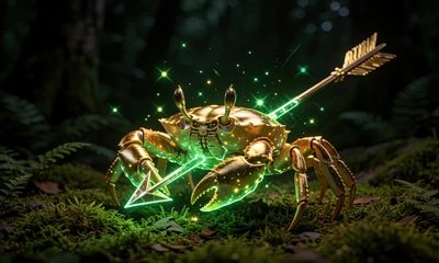 Goldener Pfeil durchbohrt gl&uuml;hende Krabbe auf moosigem Waldboden f&uuml;r WildRobin Bonus Crab