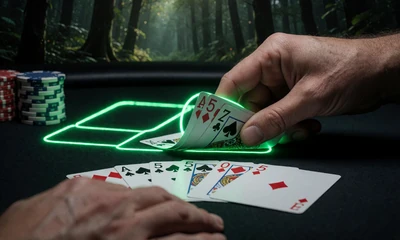 Live Poker Hand mit Neon-Akzenten im WildRobin Live Casino