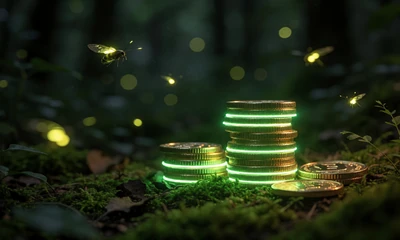 Gl&uuml;hende neon-gr&uuml;ne und goldene M&uuml;nzen auf moosigem Waldboden f&uuml;r VIP Cashback bei WildRobin
