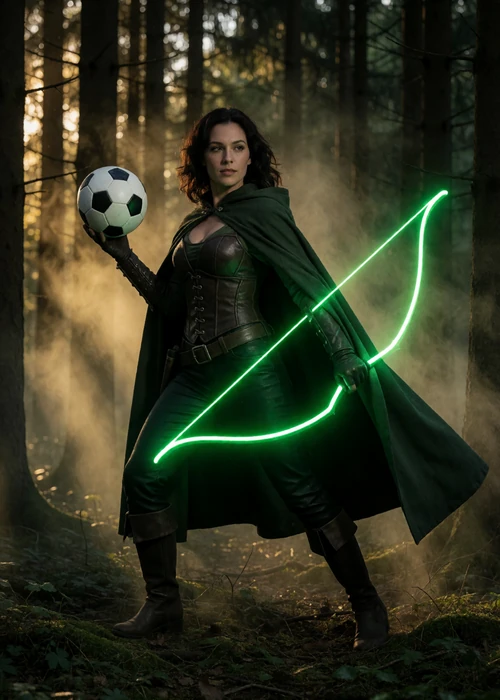Robin Hood R&auml;uberin mit Fu&szlig;ball und leuchtendem Bogen im dunklen Wald von WildRobin Sportwetten