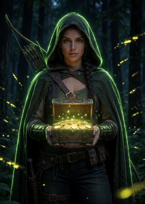 Robin Hood R&auml;uberin mit goldener Schatztruhe im dunklen Wald von WildRobin Casino Bonus